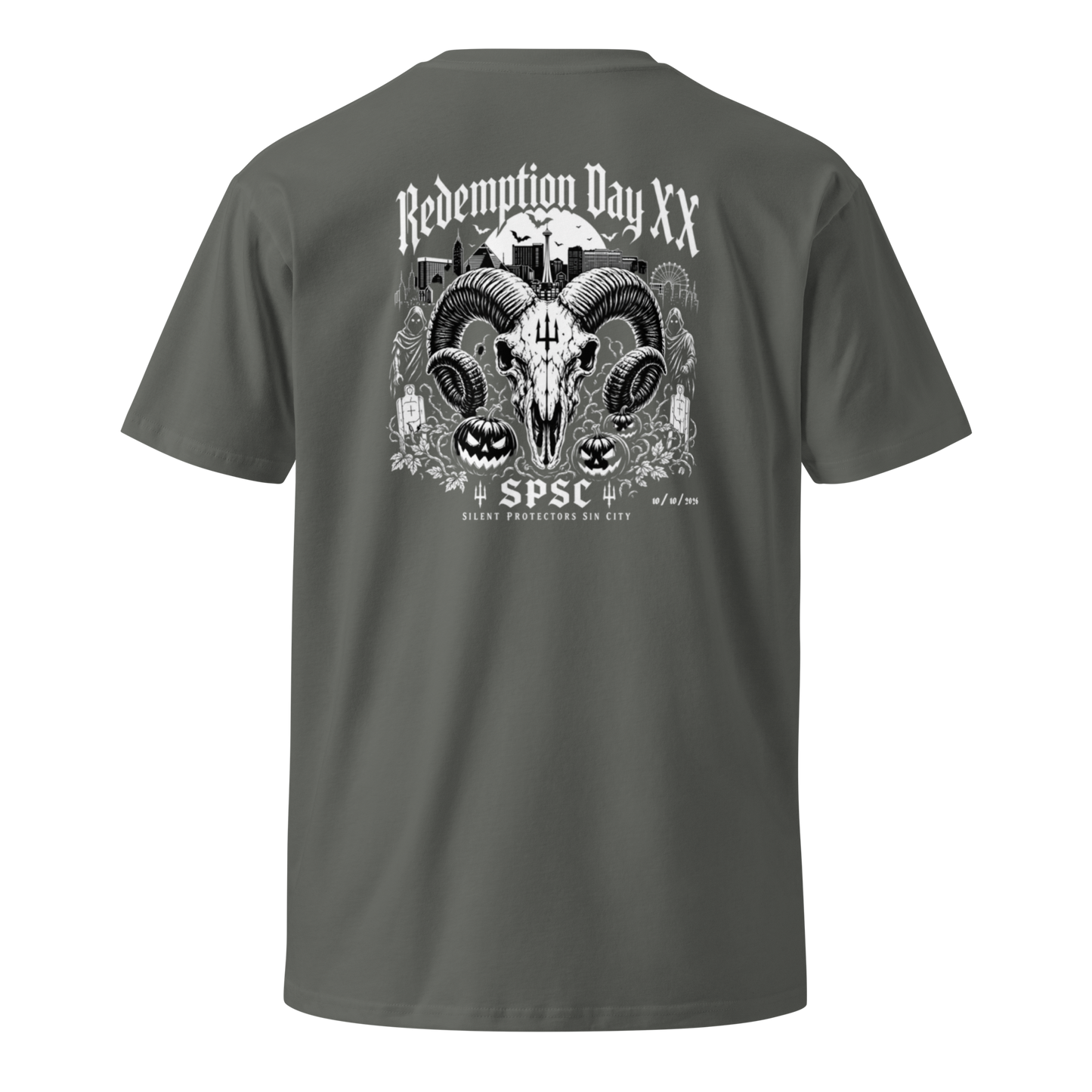Redemption Day XX Event Tee in Charcoal, back view — RCRM