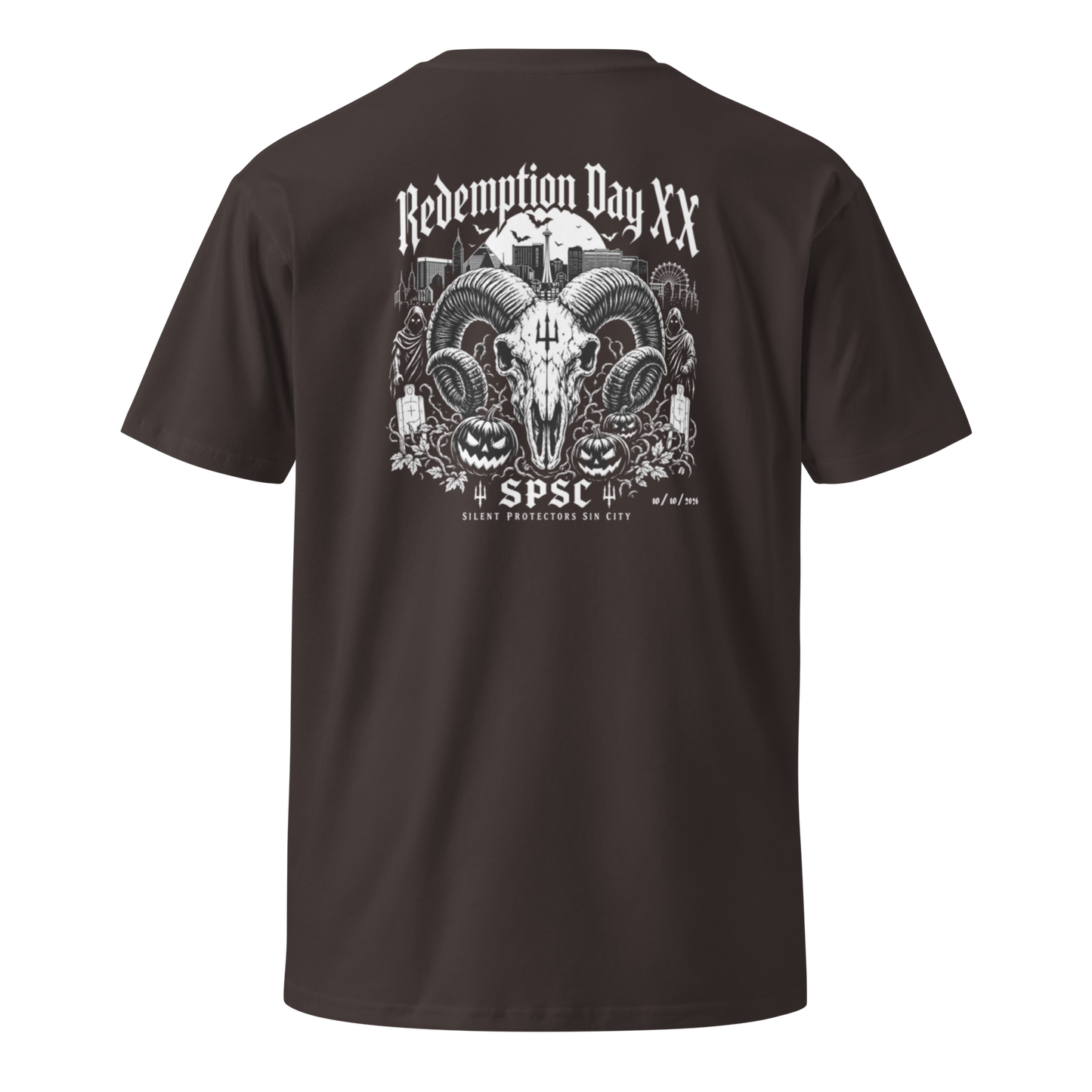 Redemption Day XX Event Tee in Coal, back view — RCRM