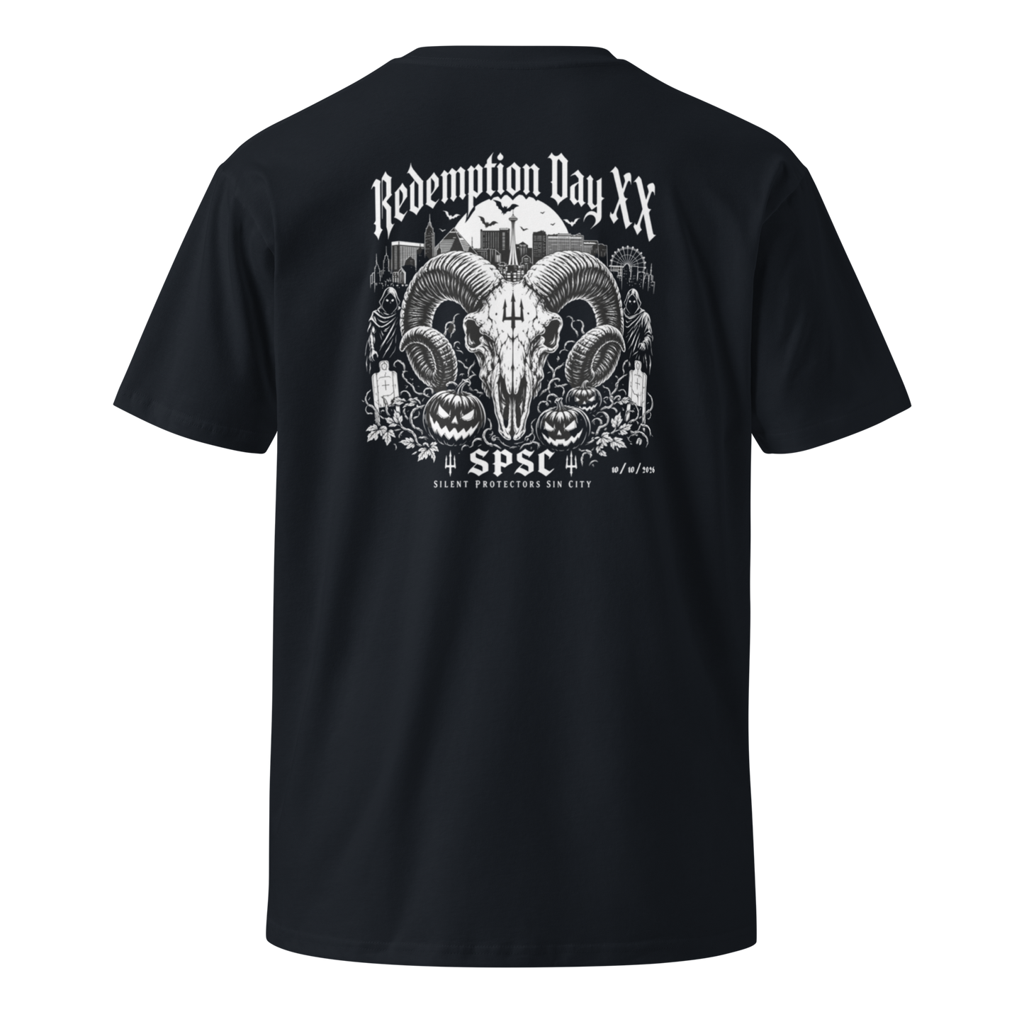 Redemption Day XX Event Tee in Navy, back view — RCRM
